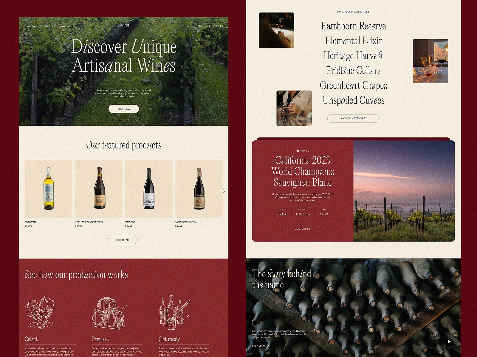 The winery ecommerce website features a combination of beautiful vineyard photos, product presentation photos of bottles, and sophisticated line illustrations to visualize the production stages.