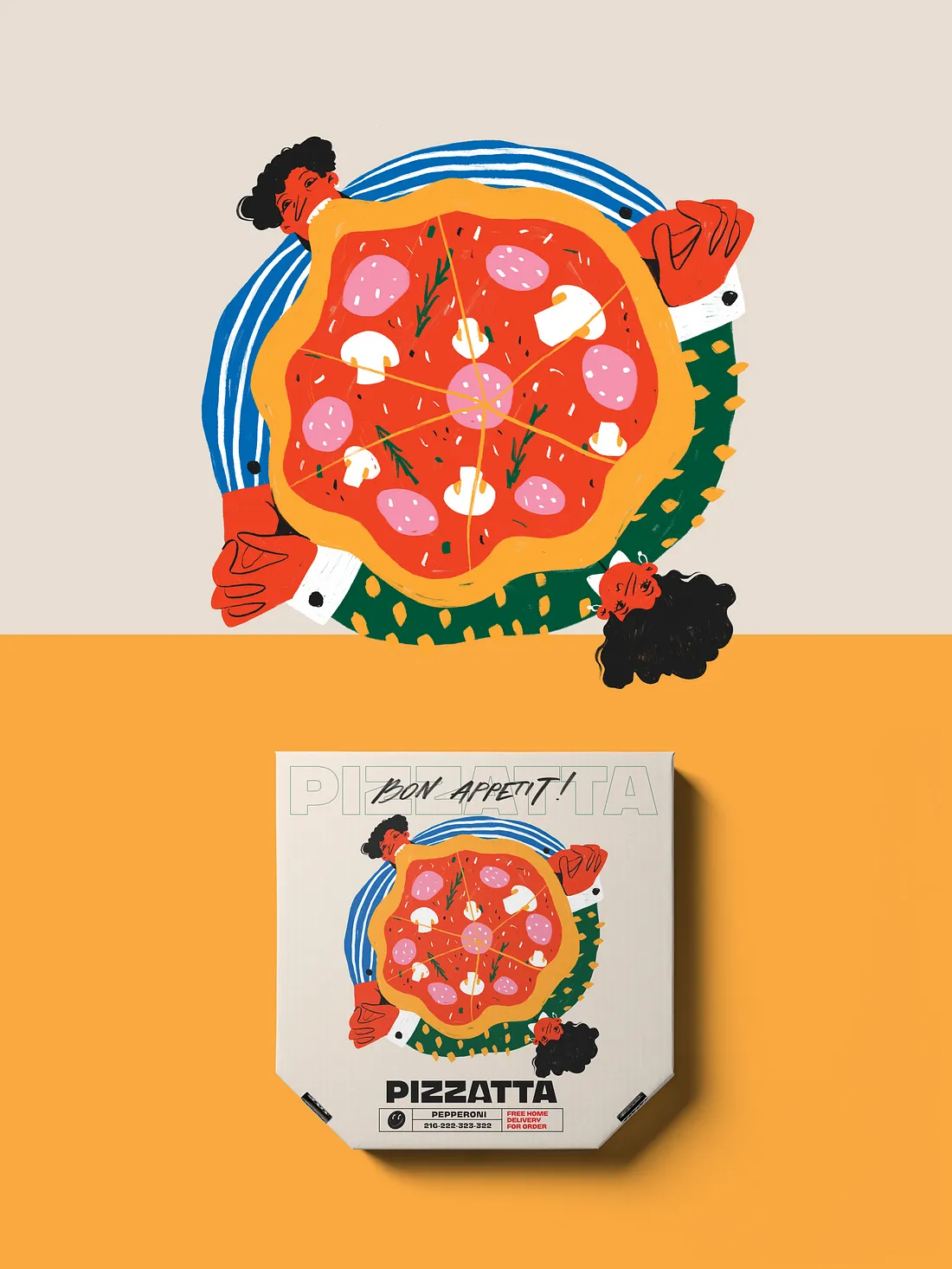 Pepperoni pizza illustration and packaging design
