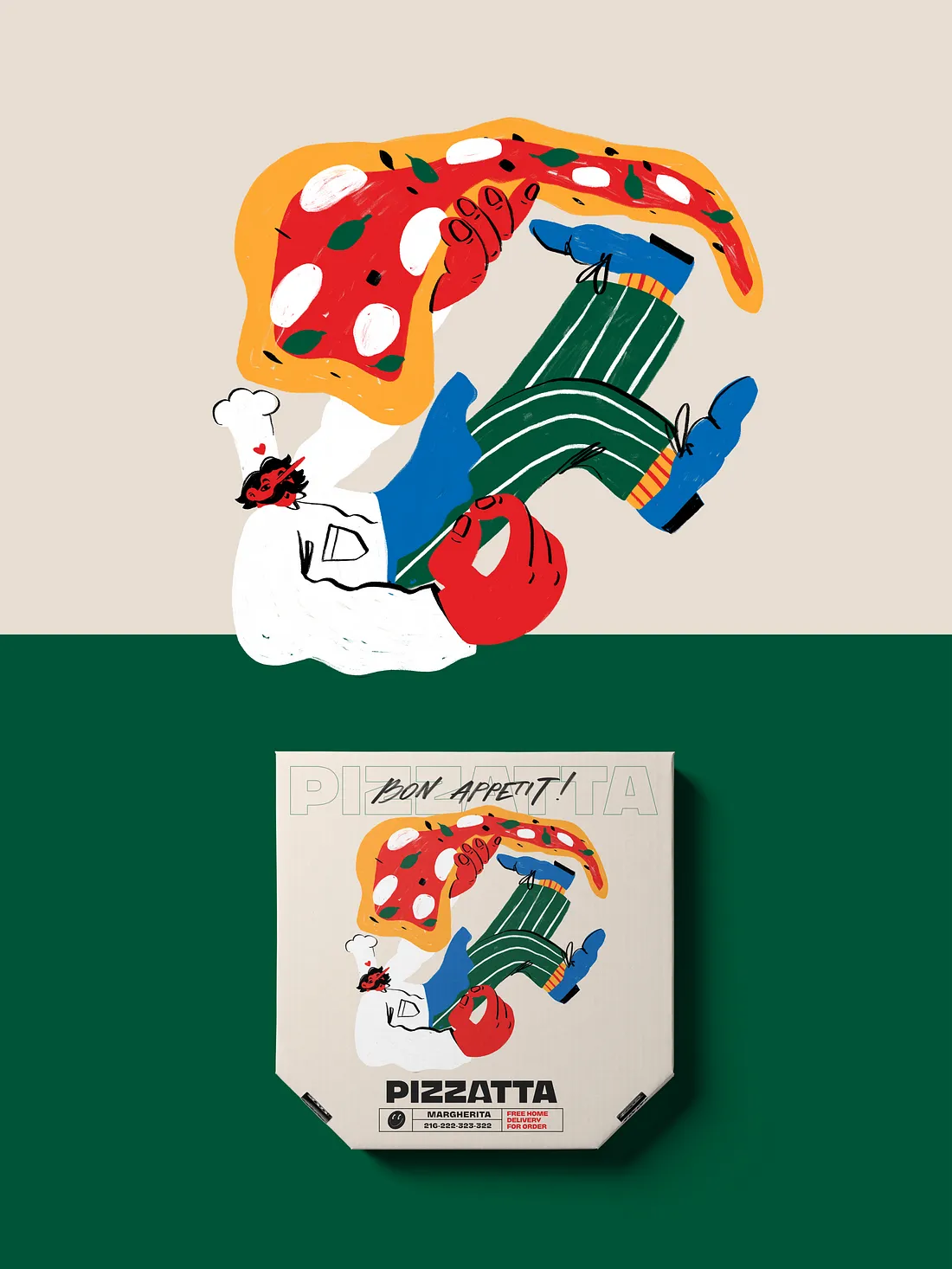 Margherita pizza illustration and packaging design